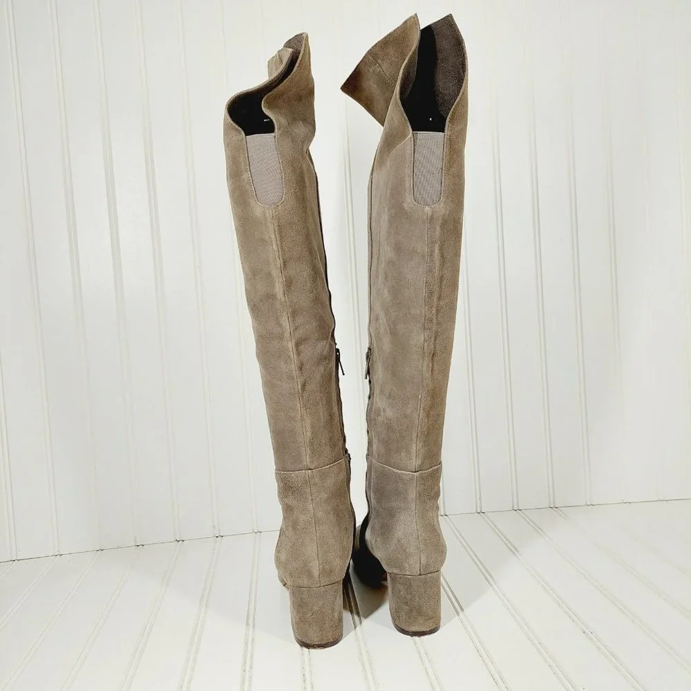 Halogen Over the Knee Taupe Tan Suede Leather Elastic Heeled Tall Boots B156